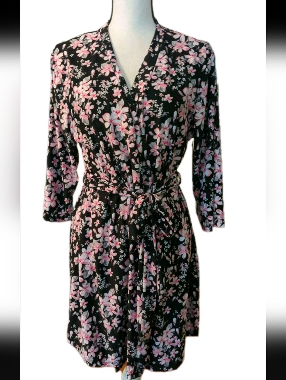 Rene Rofe Women's Black/Pink Floral Robe Size Large NWT